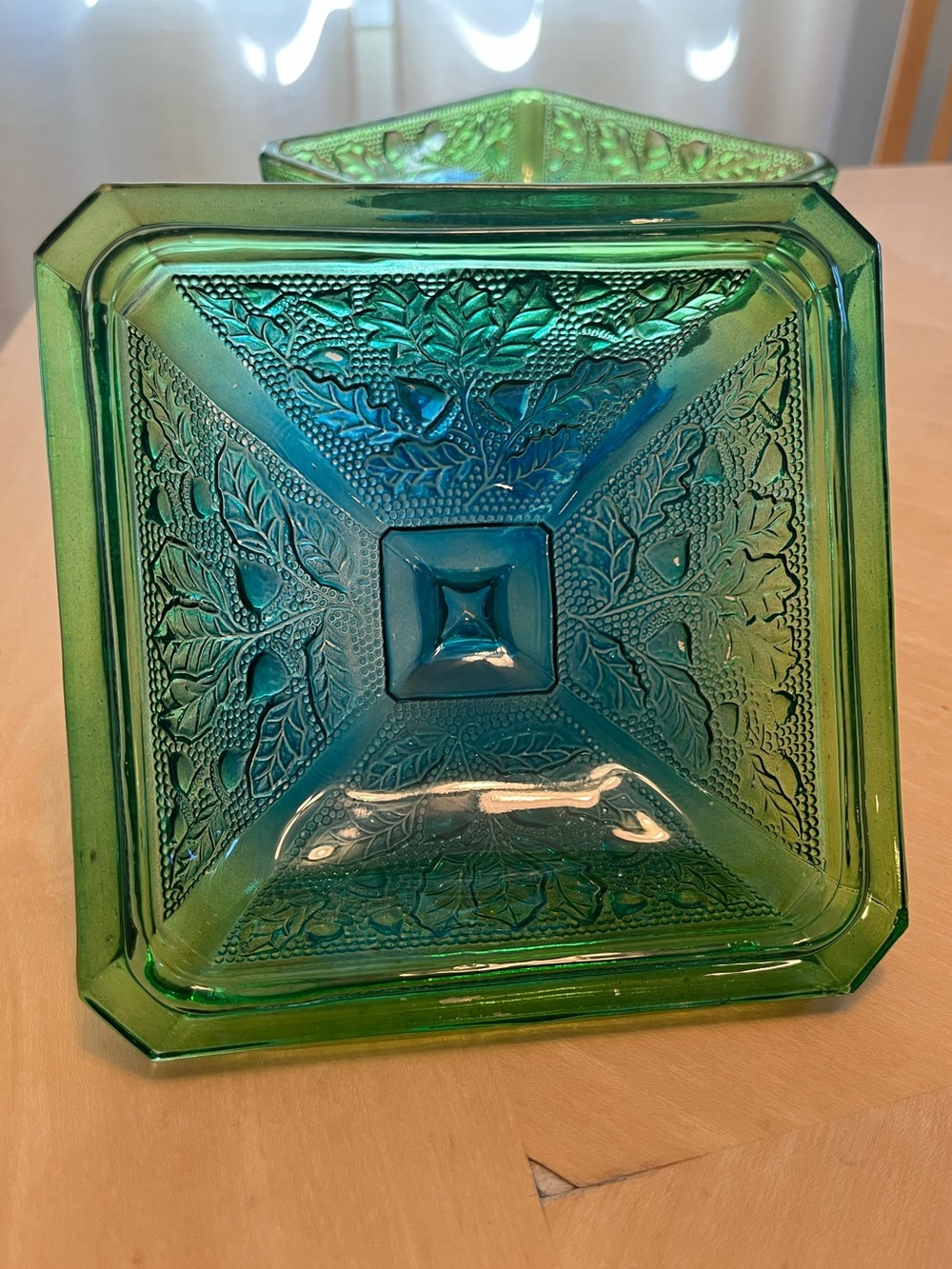 Vintage Jeanette Glass Embossed Glass Covered Pedestal Dish in Blue Green Ombre - Picture 5 of 15